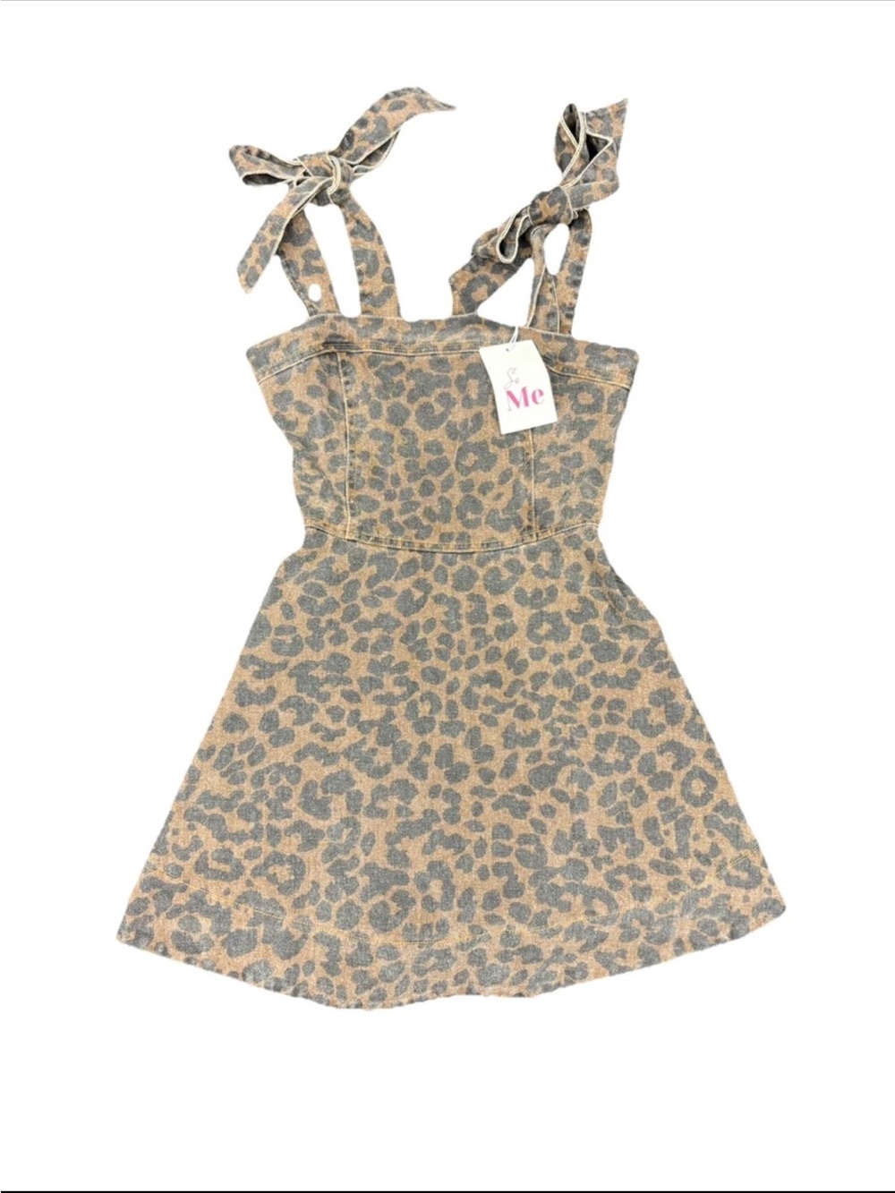 NWTSo Me Leopard Animal Print Denim Mini A-Line Square Neck Dress, Brown/Black S